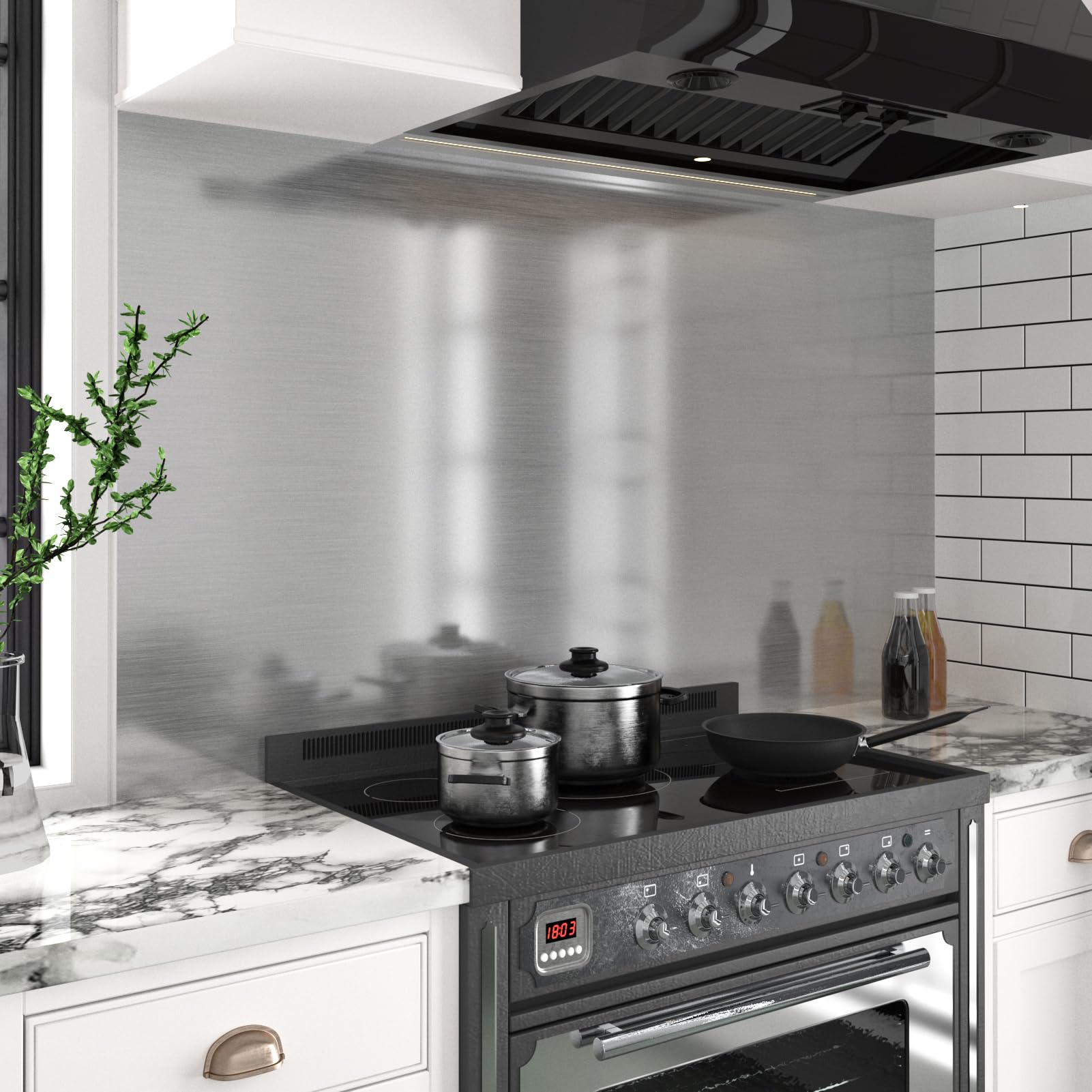 LIKILIKI brushed silver wallpaper used as a kitchen backsplash for a modern look