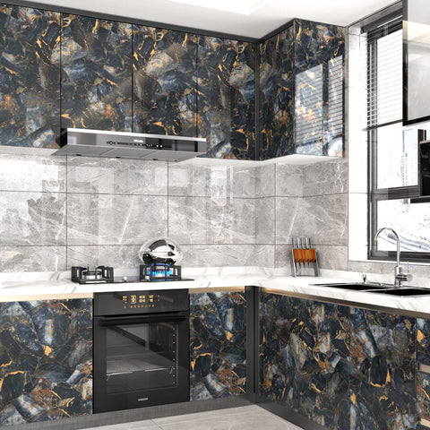 LIKILIKI gold-accent marble wallpaper detail for a glamorous cabinet or backsplash accent