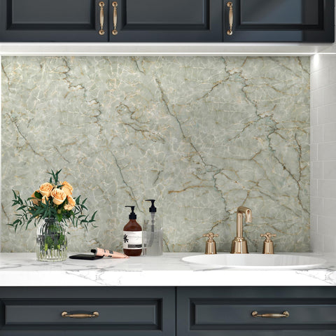 LIKILIKI green marble wallpaper for shelves and drawers for a cohesive look.