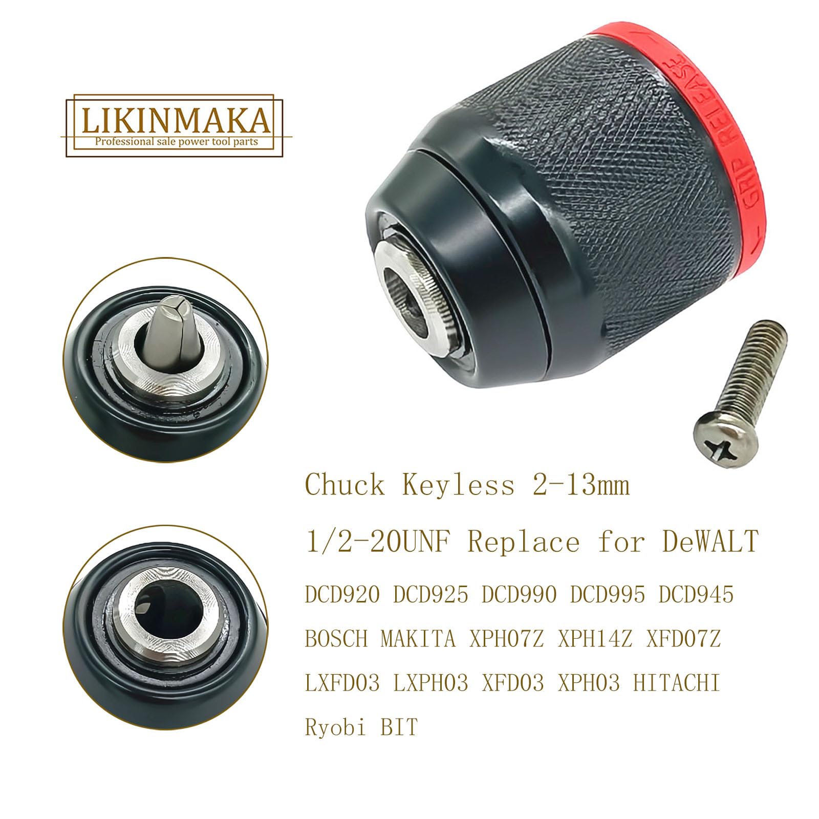 LIKINMAKA keyless drill chuck with radial lock for secure grip.