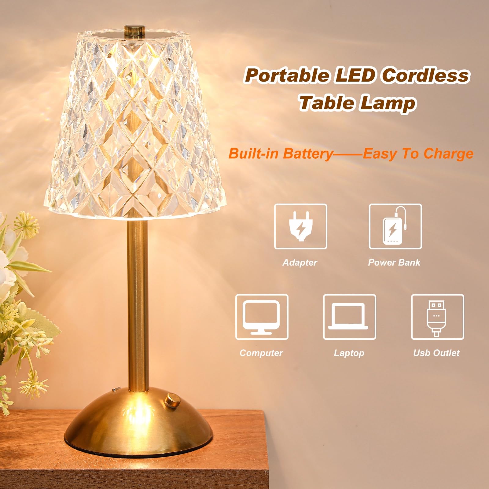 Liliful table lamp in gold diamond finish offering three color temperatures.