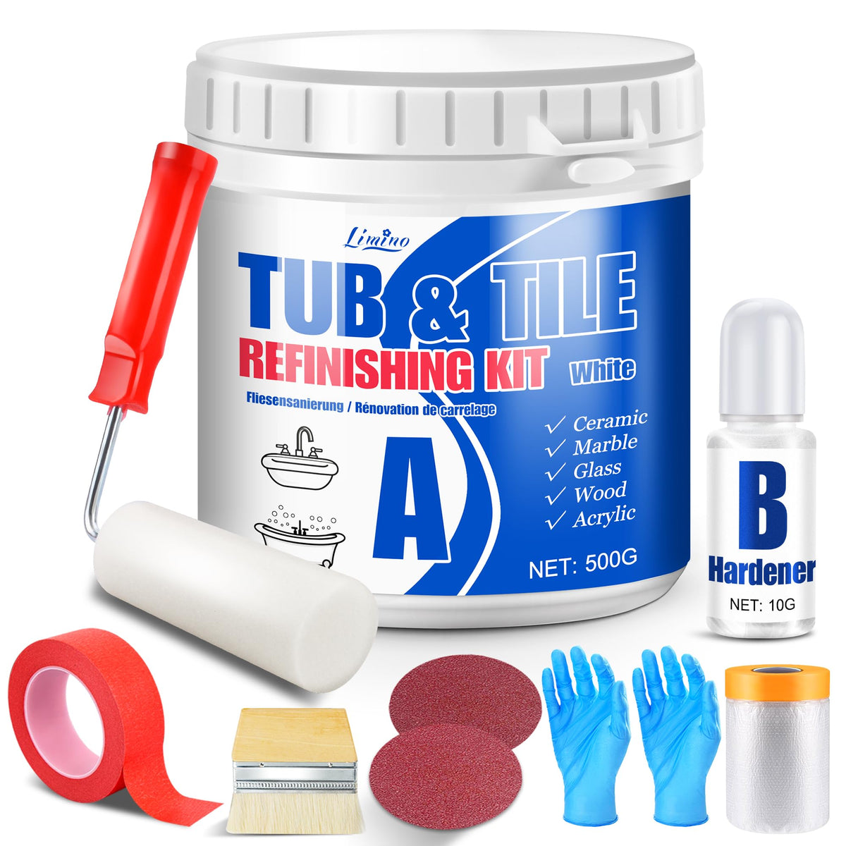 Limino tub and tile refinishing kit bottle pour offers a smooth, low-odor application.