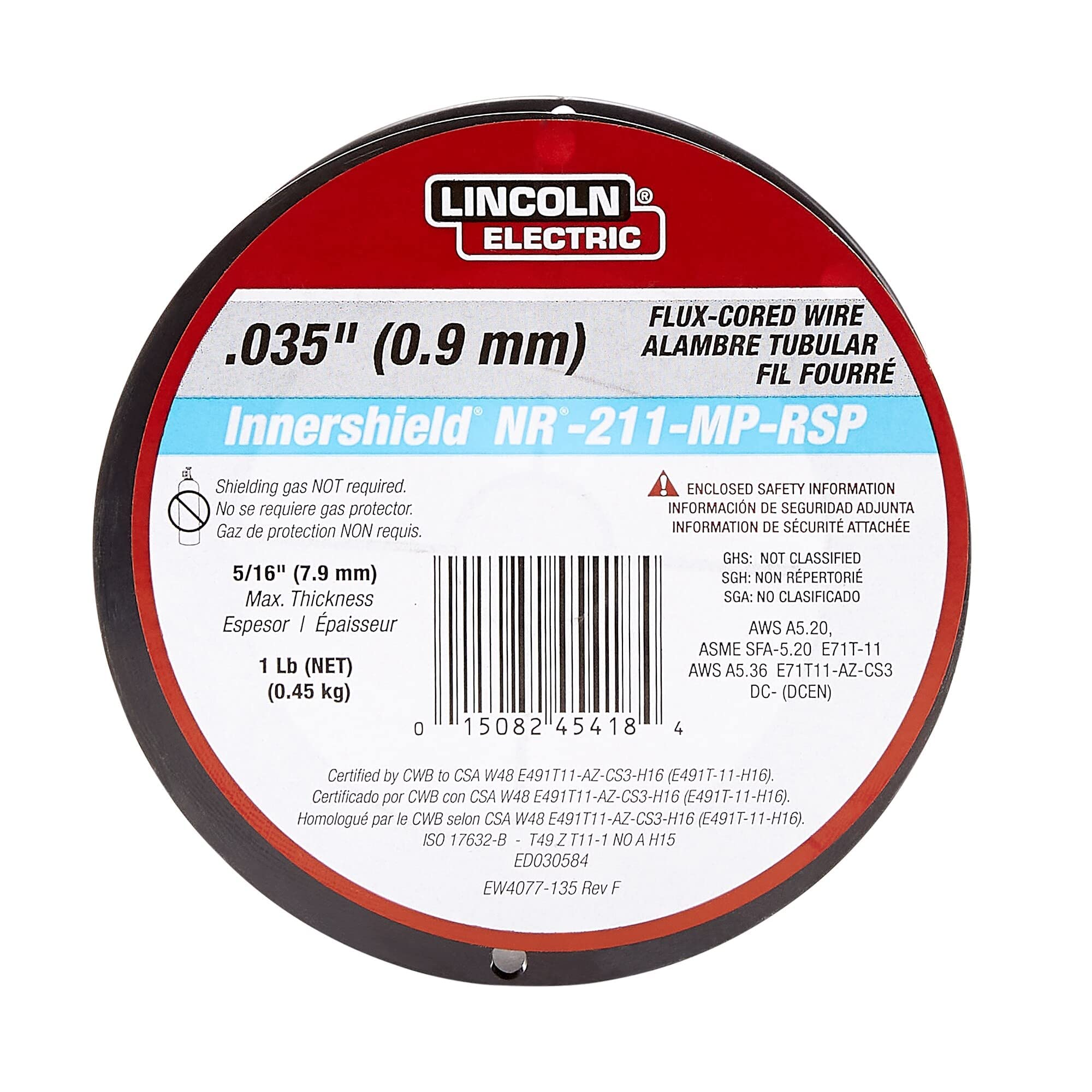 Lincoln Electric ED030584 NR-211 spool close-up highlighting low spatter and bead quality