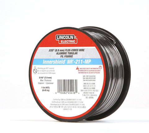 NR-211-MP flux-core wire close-up with inner shield construction.