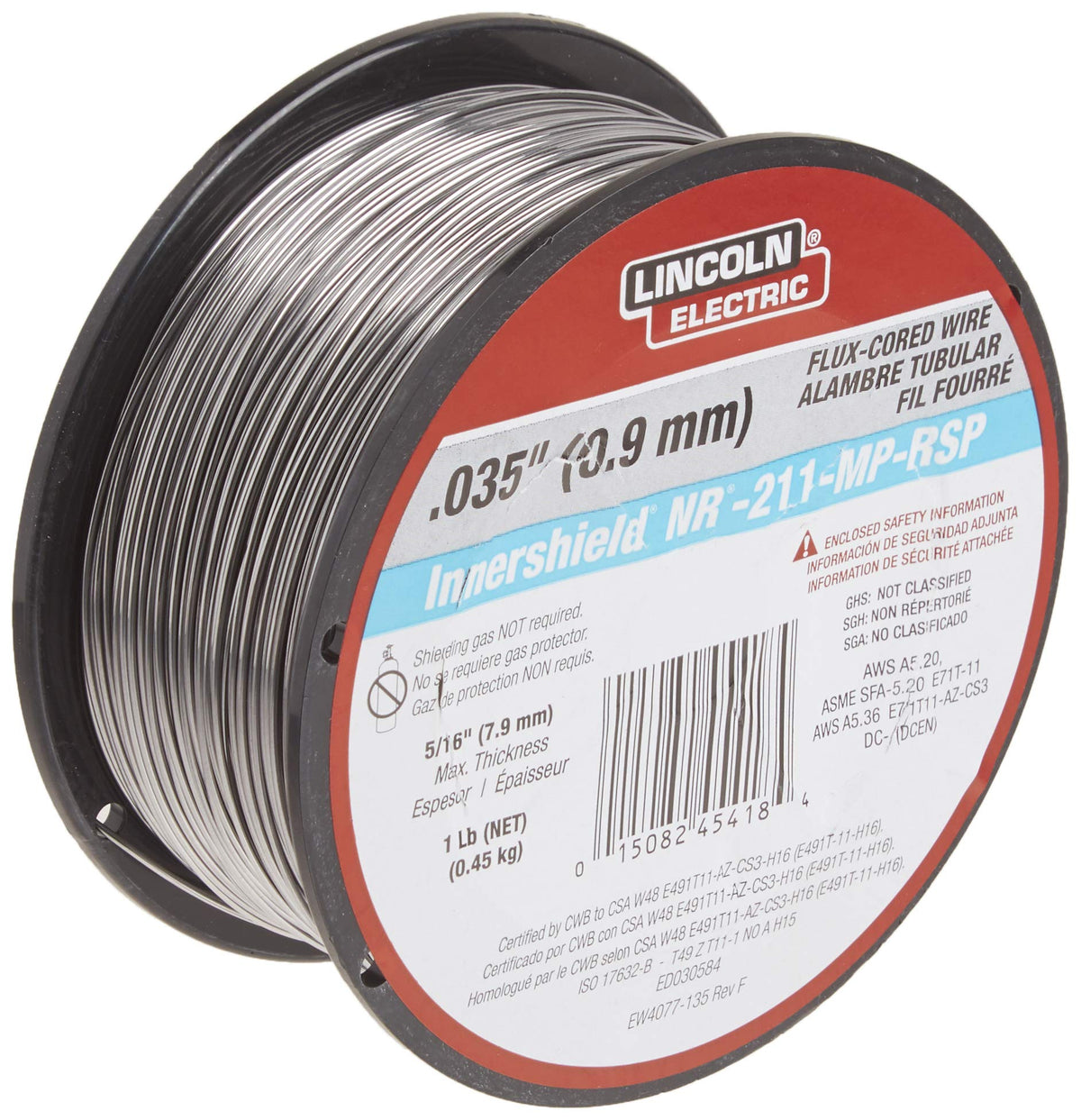 Lincoln Electric NR-211-MP flux-core wire on a 1 lb spool for MIG welding.