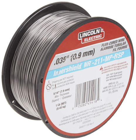 Lincoln Electric NR-211-MP flux-core wire on a 1 lb spool for MIG welding.