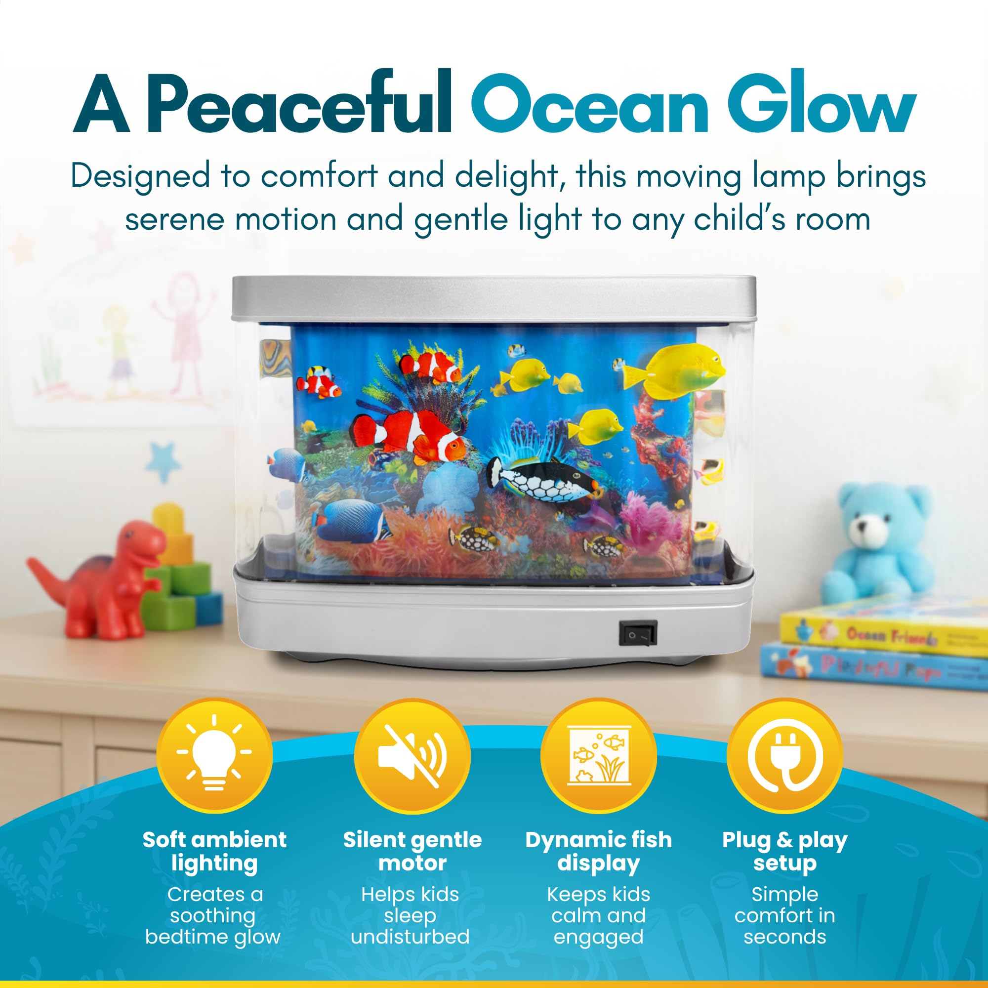 Linda's Essentials artificial aquarium with LED lights creating sensory color cycles