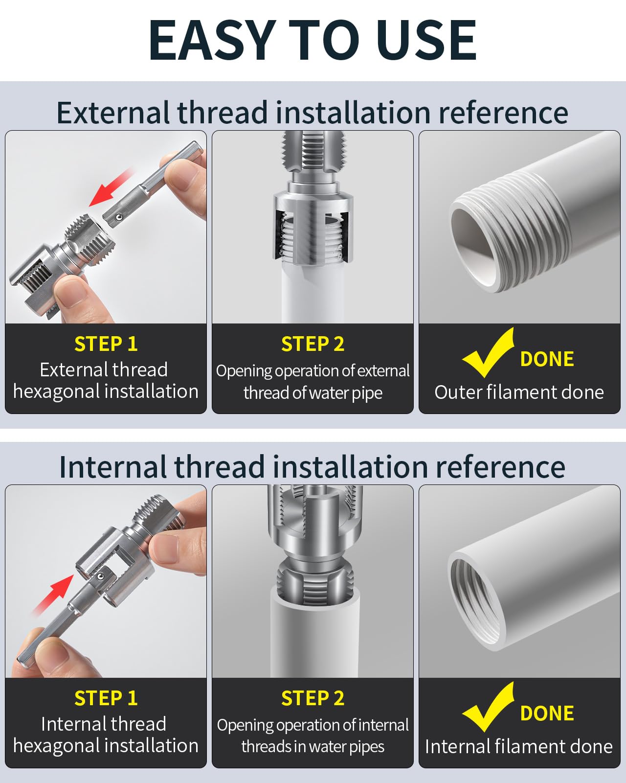 LINGIGAOUT 3-piece kit handles 1/2, 3/4, and 1 inch pipes for home repairs.