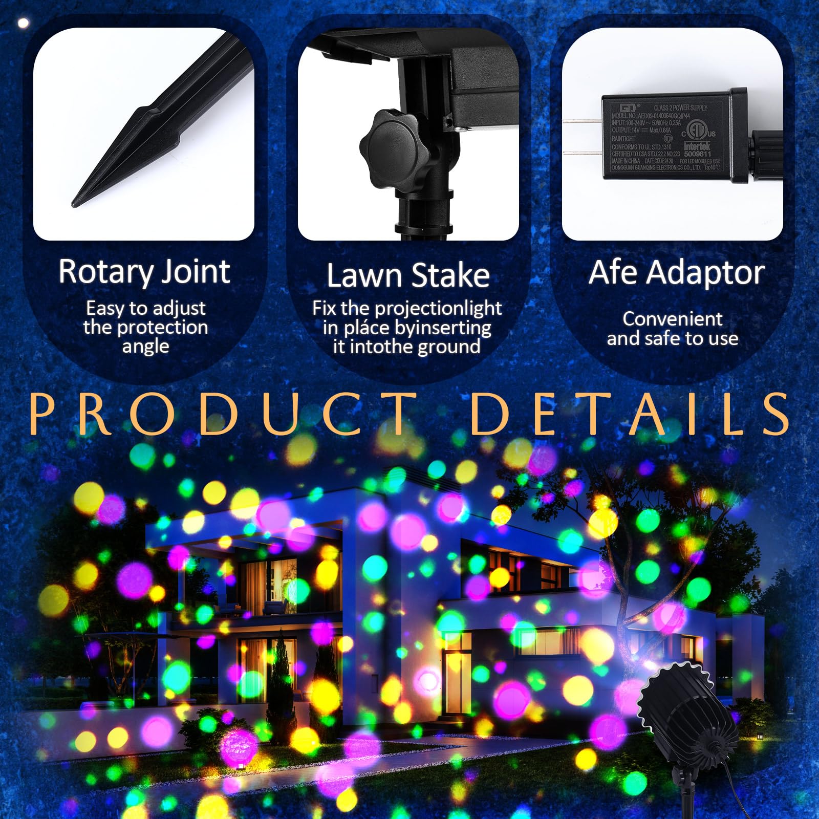 Lingvee Mardi Gras projector showing dynamic 360-degree patterns across a yard.