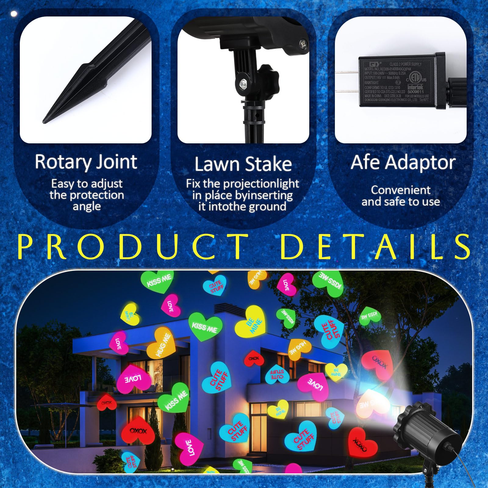 Lingvee LED heart projection lamp offers a 65° adjustable angle for versatile placements.