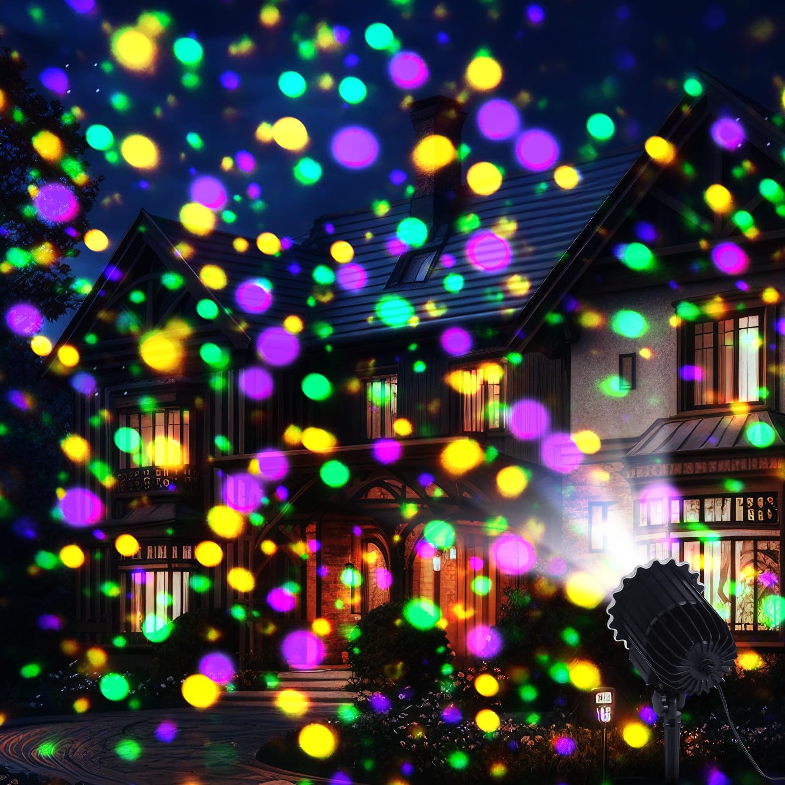 Lingvee Mardi Gras projector light on a stake illuminating a festive outdoor space.