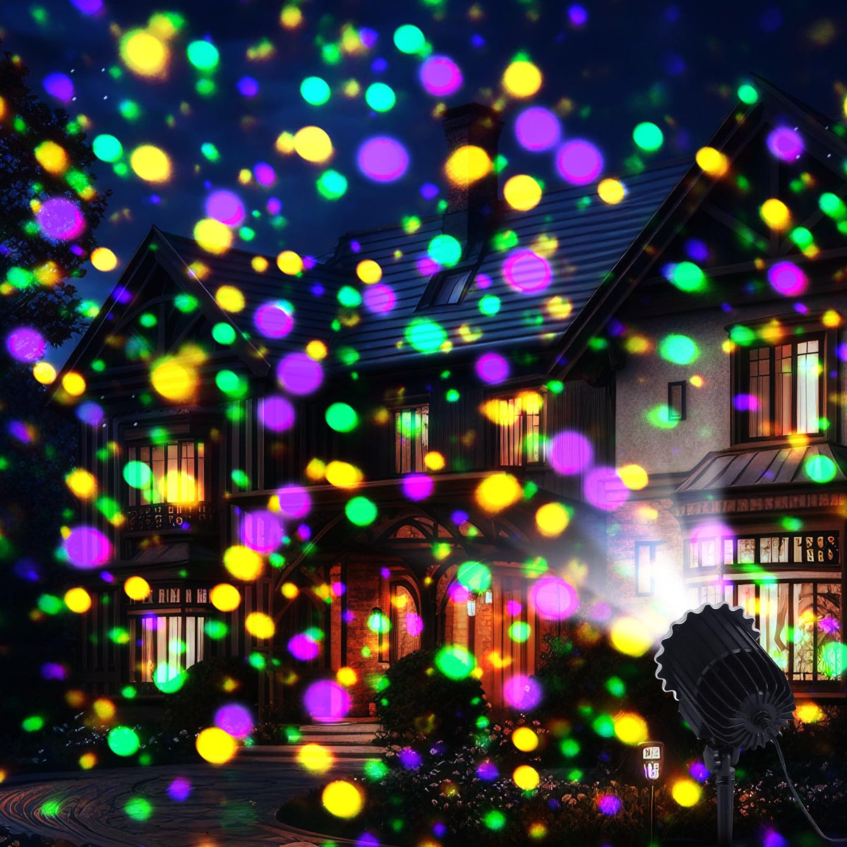 Lingvee Mardi Gras projector light on a stake illuminating a festive outdoor space.