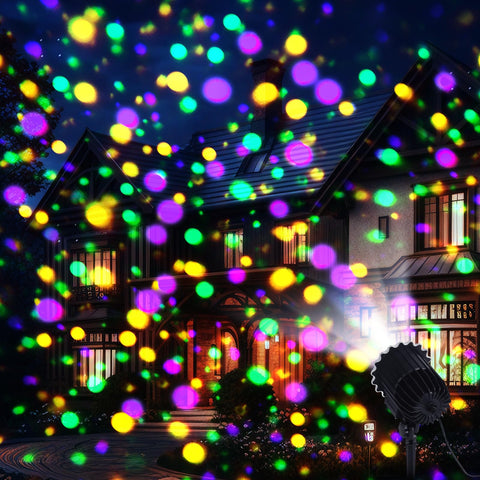 Lingvee Mardi Gras projector light on a stake illuminating a festive outdoor space.