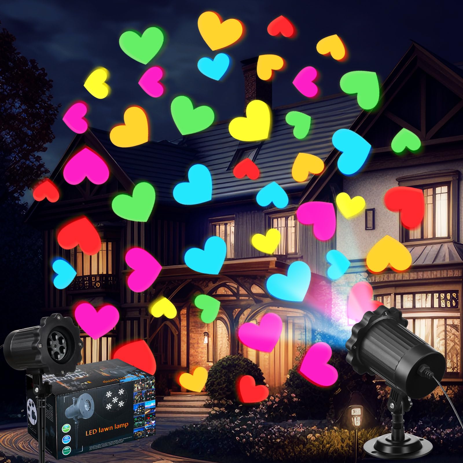 Lingvee Valentine's projector lights outdoors cast romantic heart shapes on the lawn.