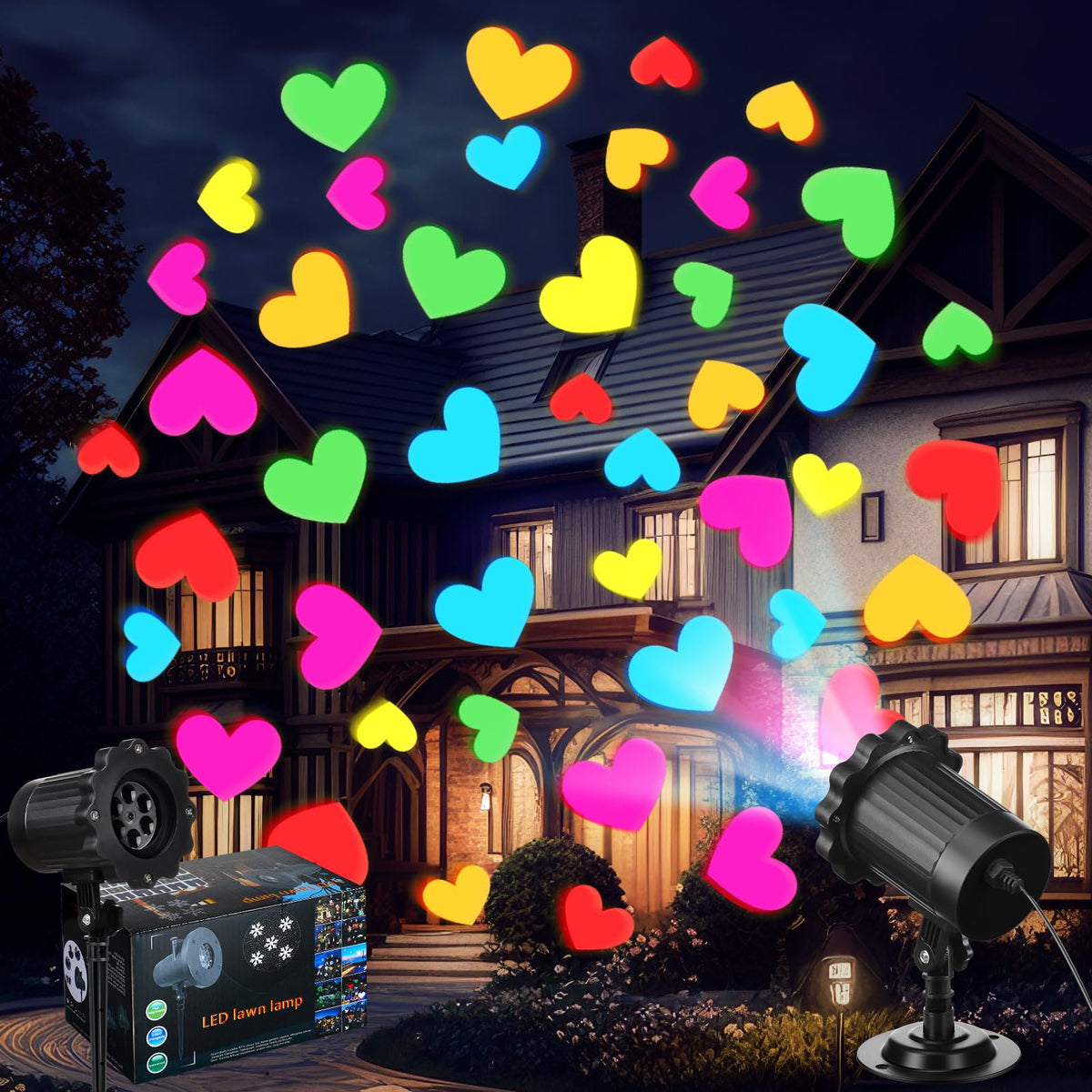 Lingvee Valentine's projector lights outdoors cast romantic heart shapes on the lawn.