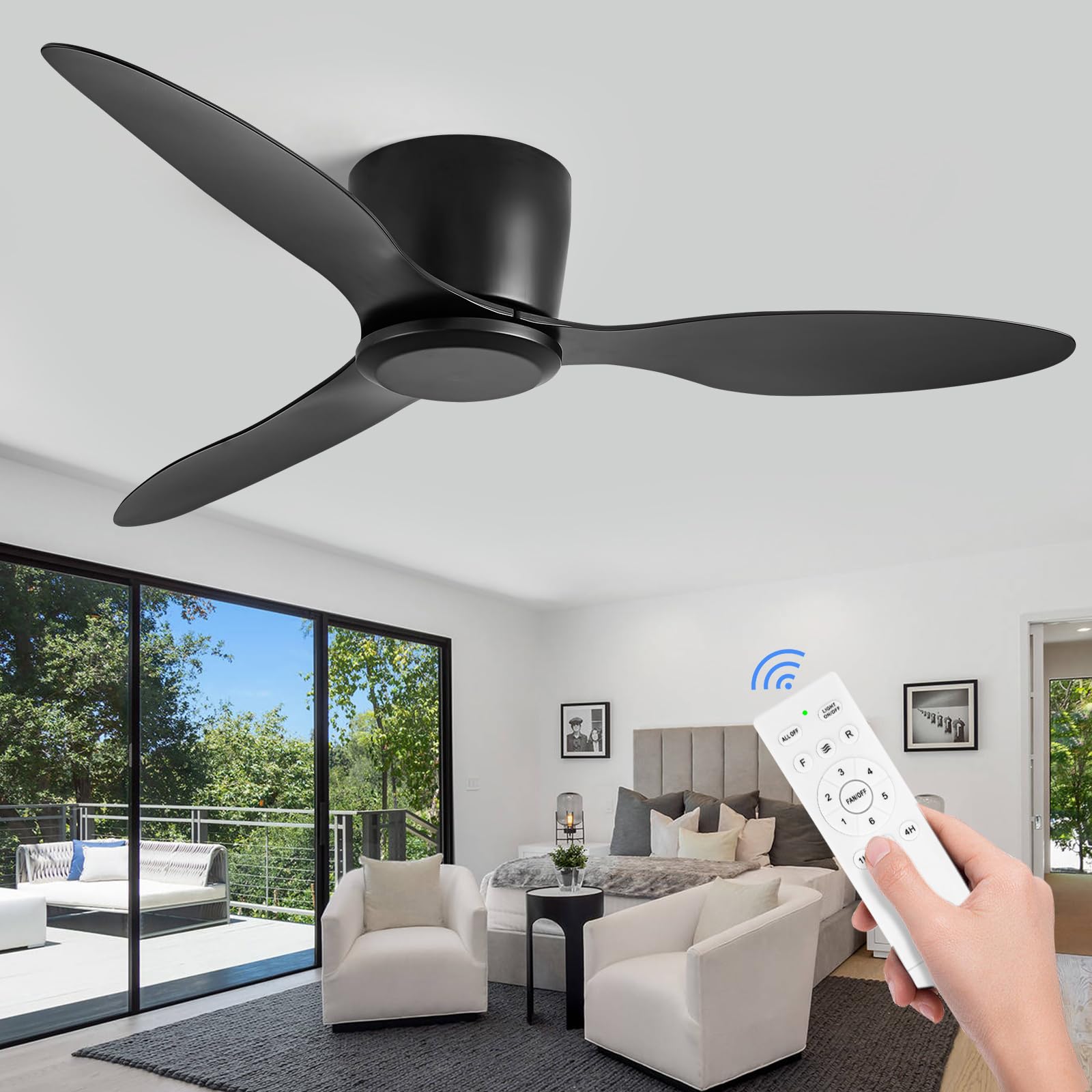 linjo 6-speed no-light ceiling fan in black for customizable comfort