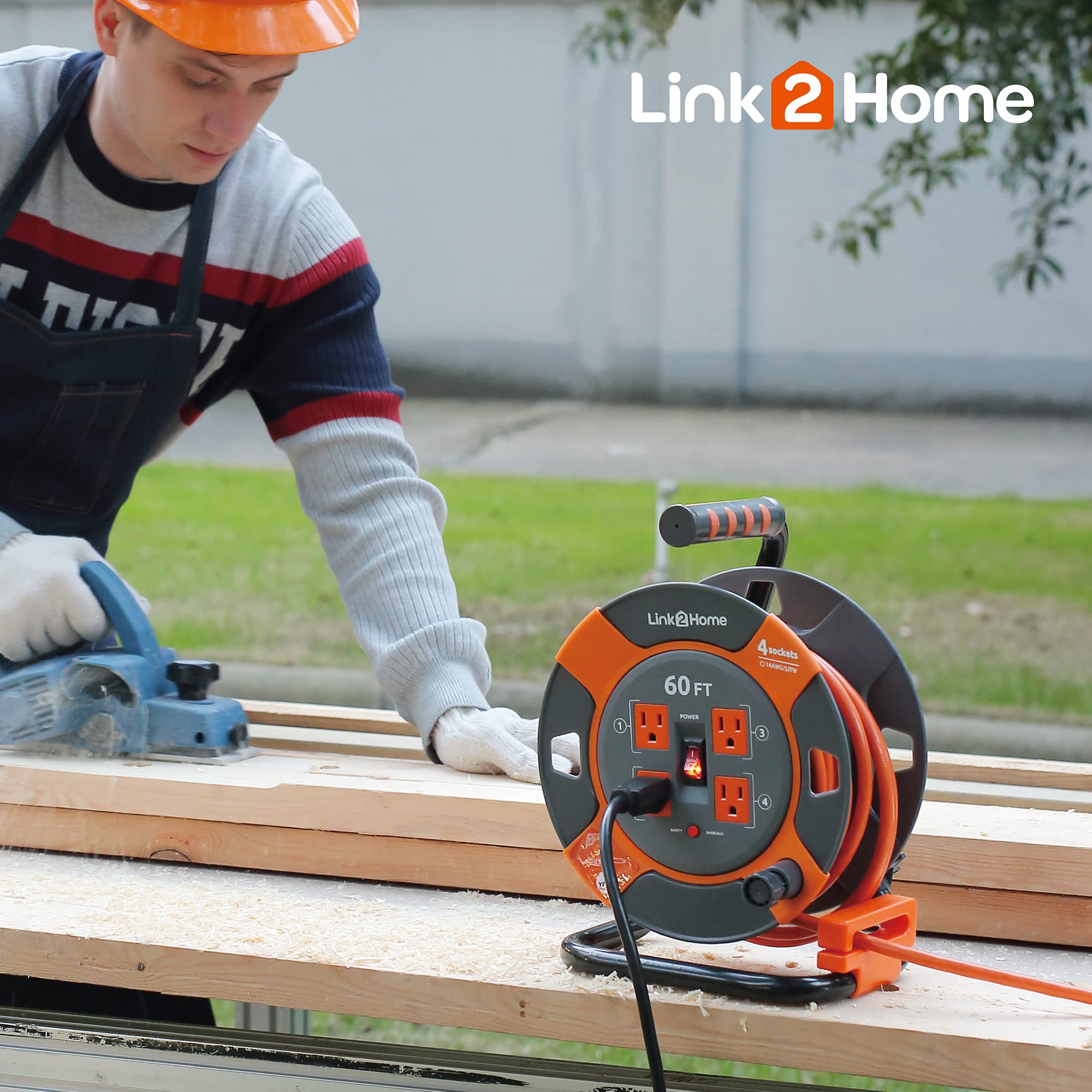Link2Home 60 ft outdoor-rated cord expands reach for garage projects.