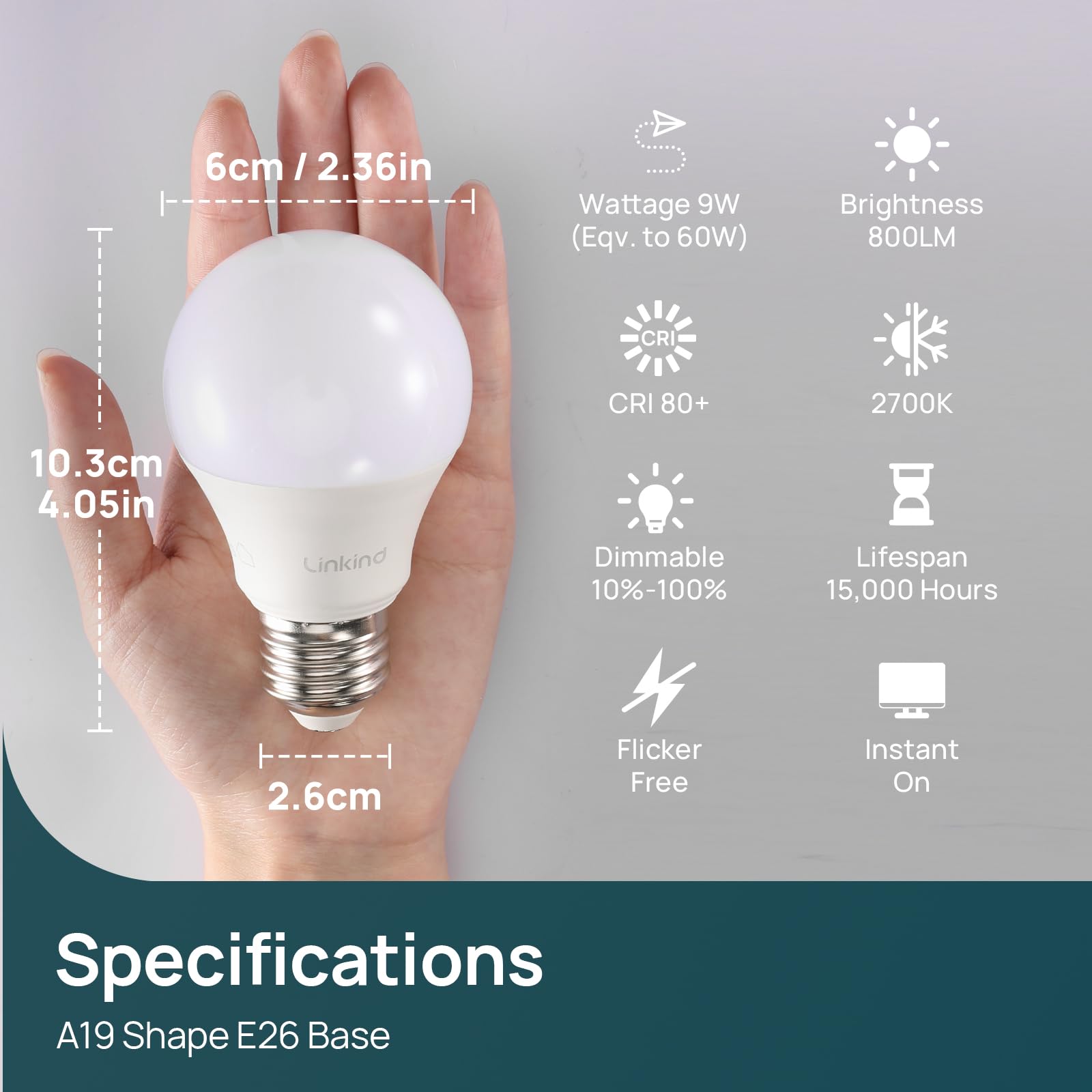 Linkind A19 LED bulb with E26 base for quick installation in standard fixtures.