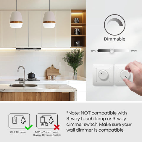 Linkind A19 LED bulb shown with a dimmer for smooth brightness control.