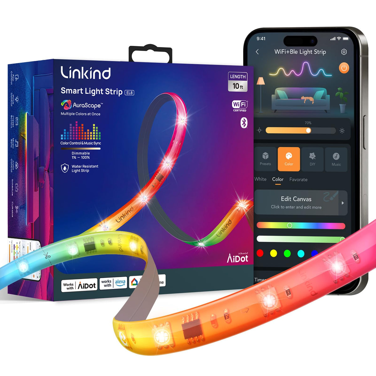 Linkind EL8Pro LED strip showing AuraScape segmentation for vibrant multi-color zones.