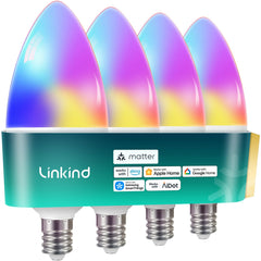 Linkind Matter smart bulbs pack four for versatile home lighting with customizable color and brightness.