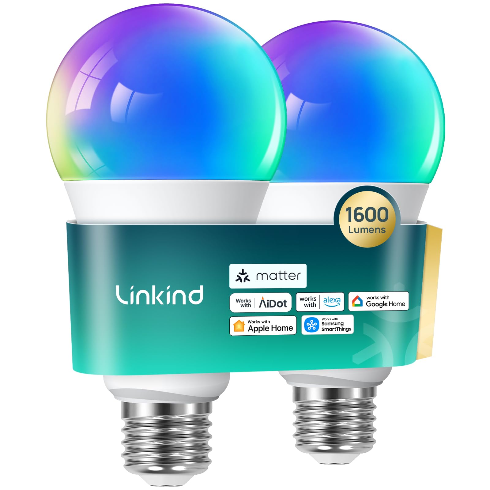 Linkind Matter smart bulb 1600lm brightness lights large rooms.