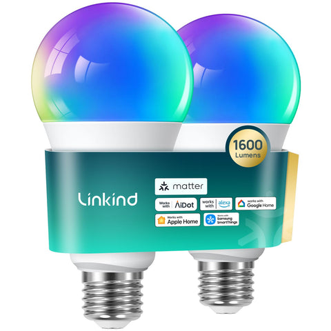 Linkind Matter smart bulb 1600lm brightness lights large rooms.