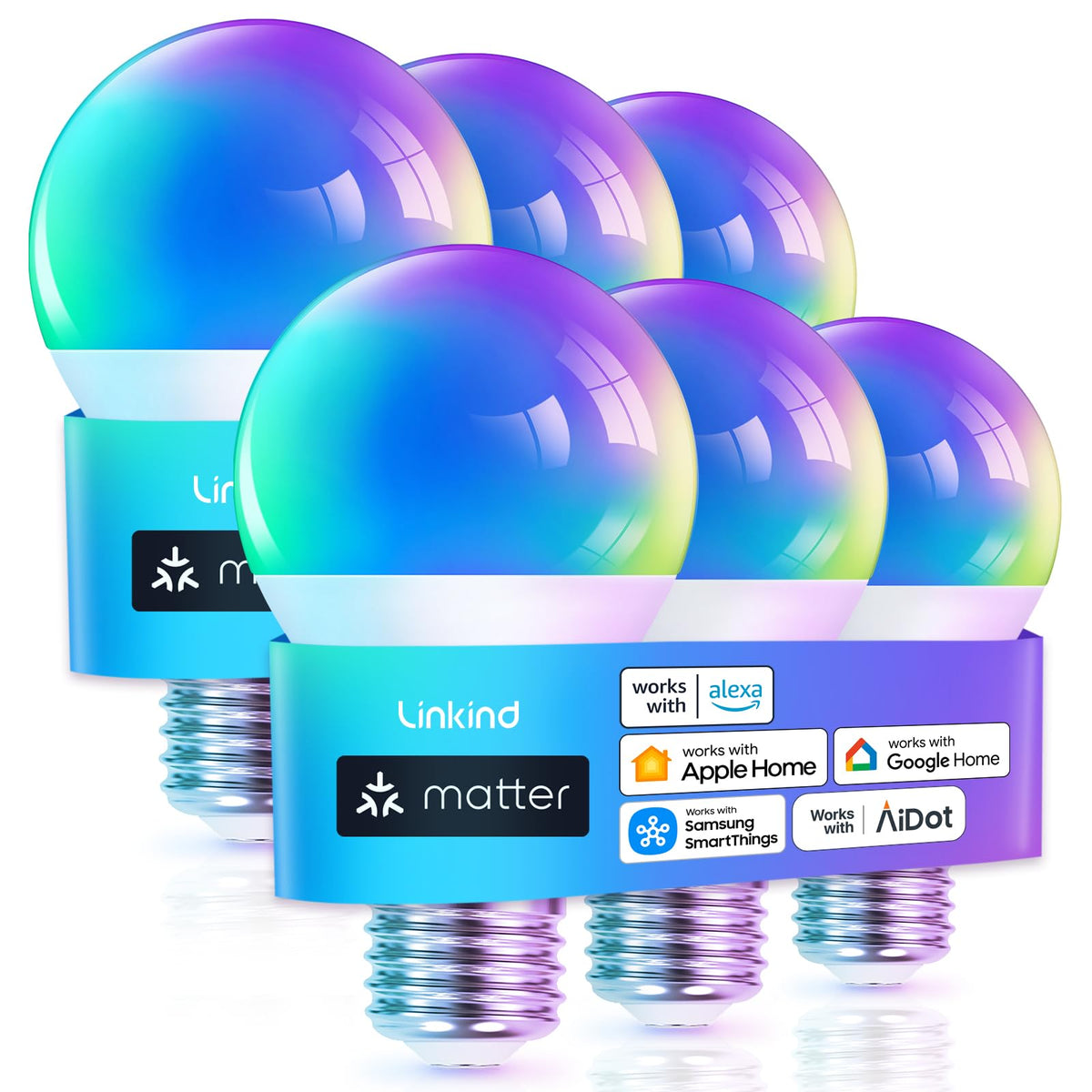 Linkind Matter smart bulb shows color-changing ambience in a living room.