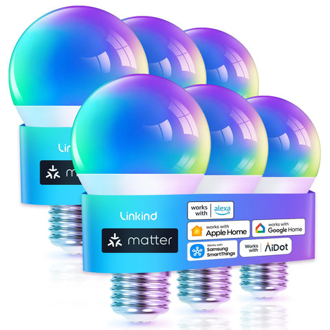 Linkind Matter smart bulb shows color-changing ambience in a living room.