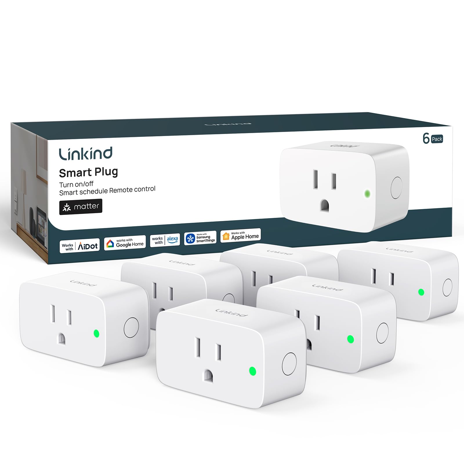 Linkind Matter Smart Plug 6-pack front view highlighting compact outlet design