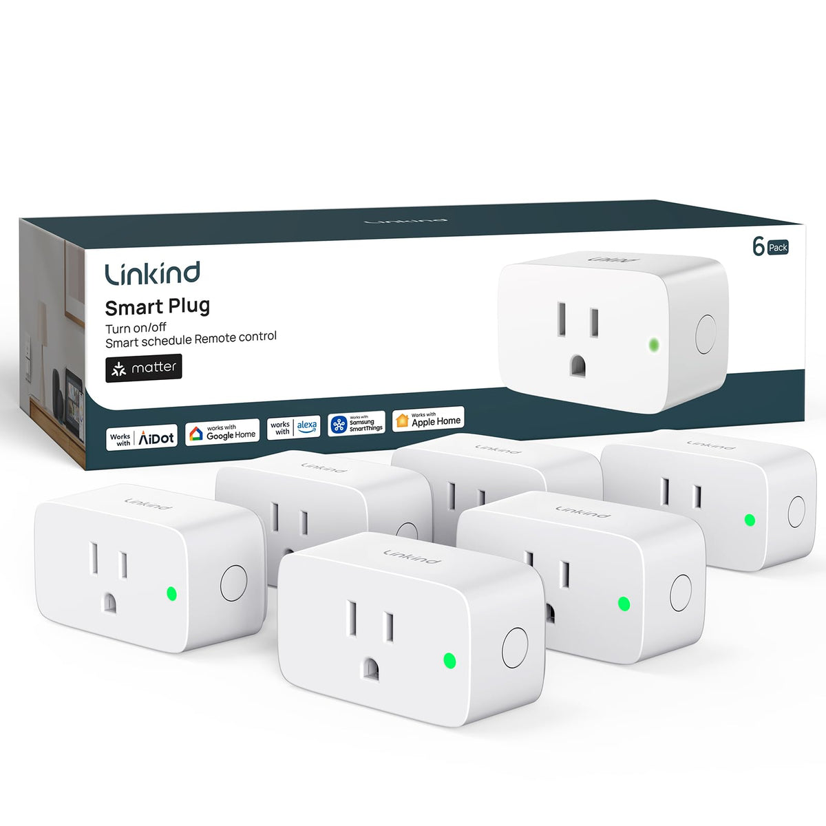 Linkind Matter Smart Plug 6-pack front view highlighting compact outlet design
