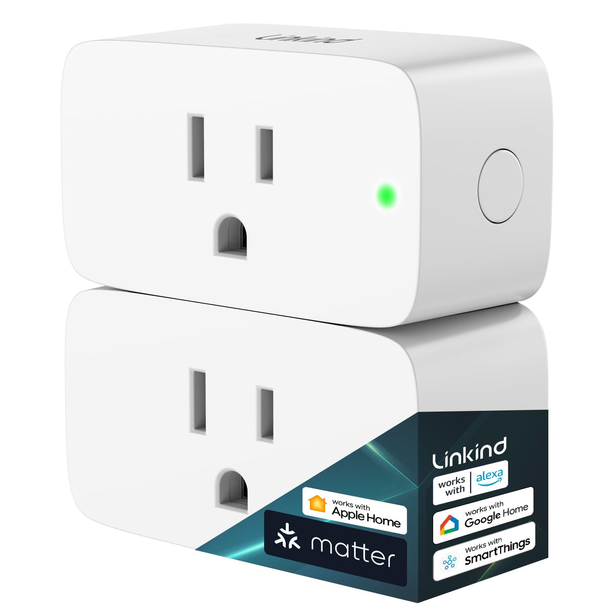 Linkind Matter smart plug front view showing compact design for easy placement.
