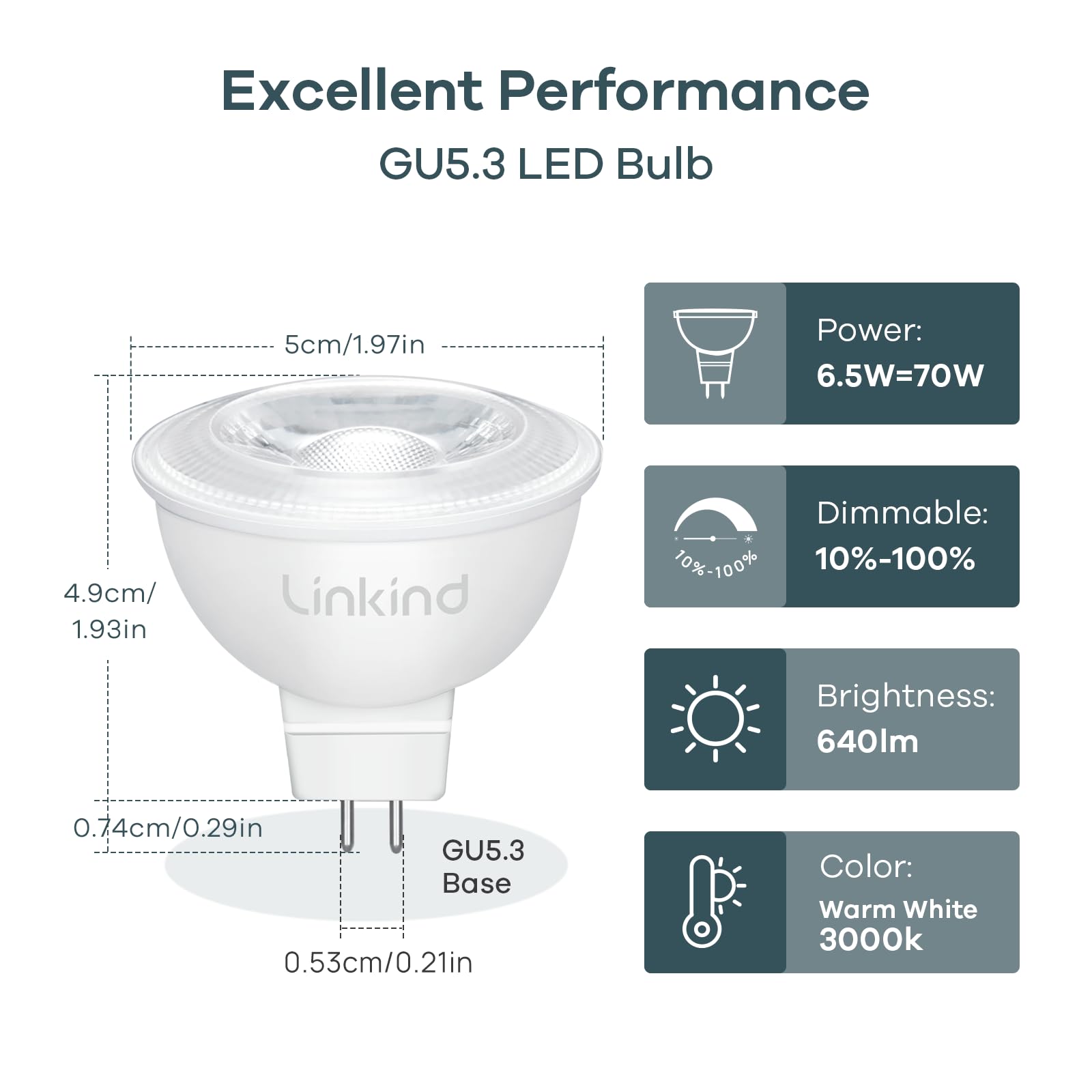 Linkind MR16 bi-pin bulb installed in GU5.3 sockets for 12V lighting.