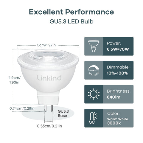 Linkind MR16 bi-pin bulb installed in GU5.3 sockets for 12V lighting.