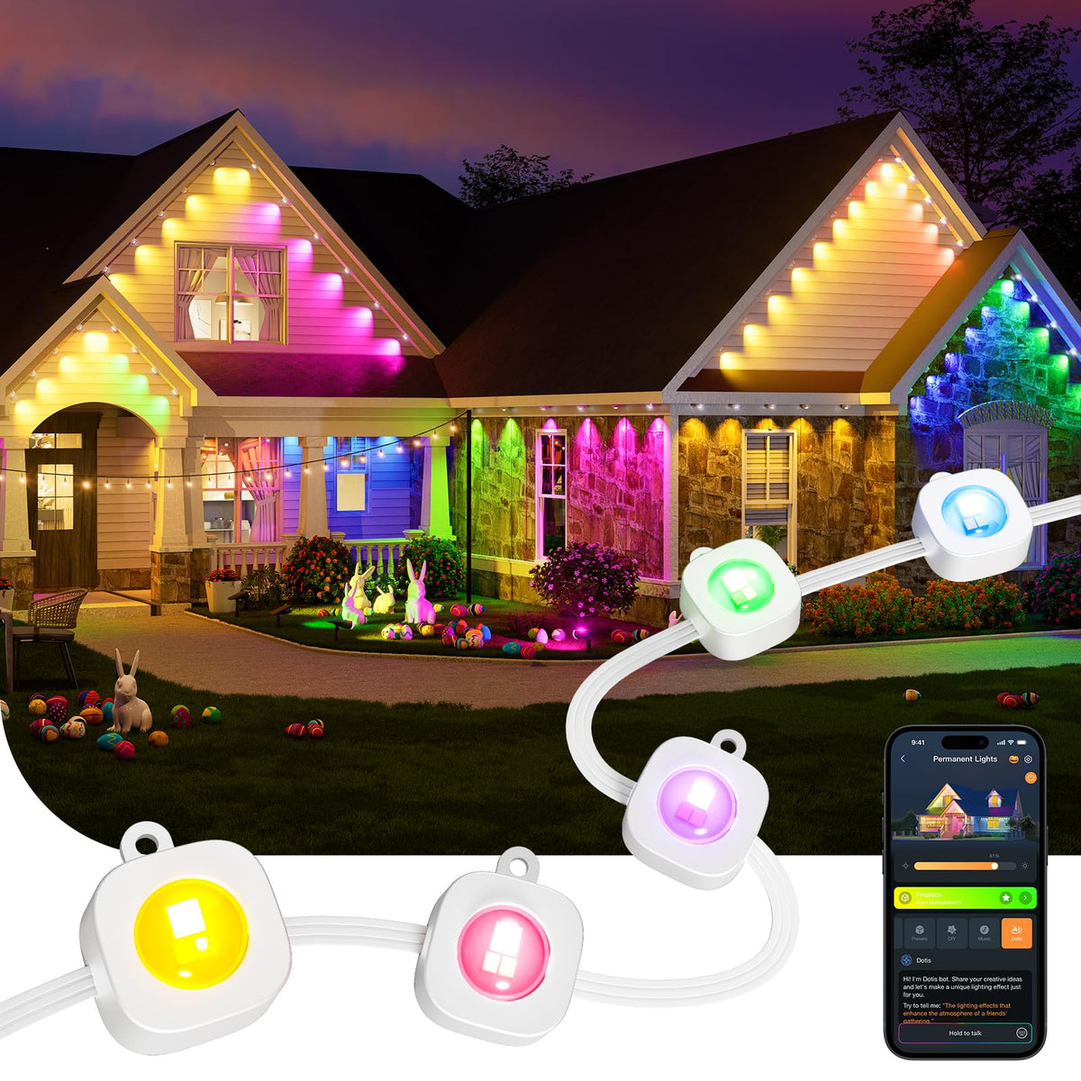 Linkind permanent outdoor lights with 72 triple-LEDs deliver vibrant color and even illumination.
