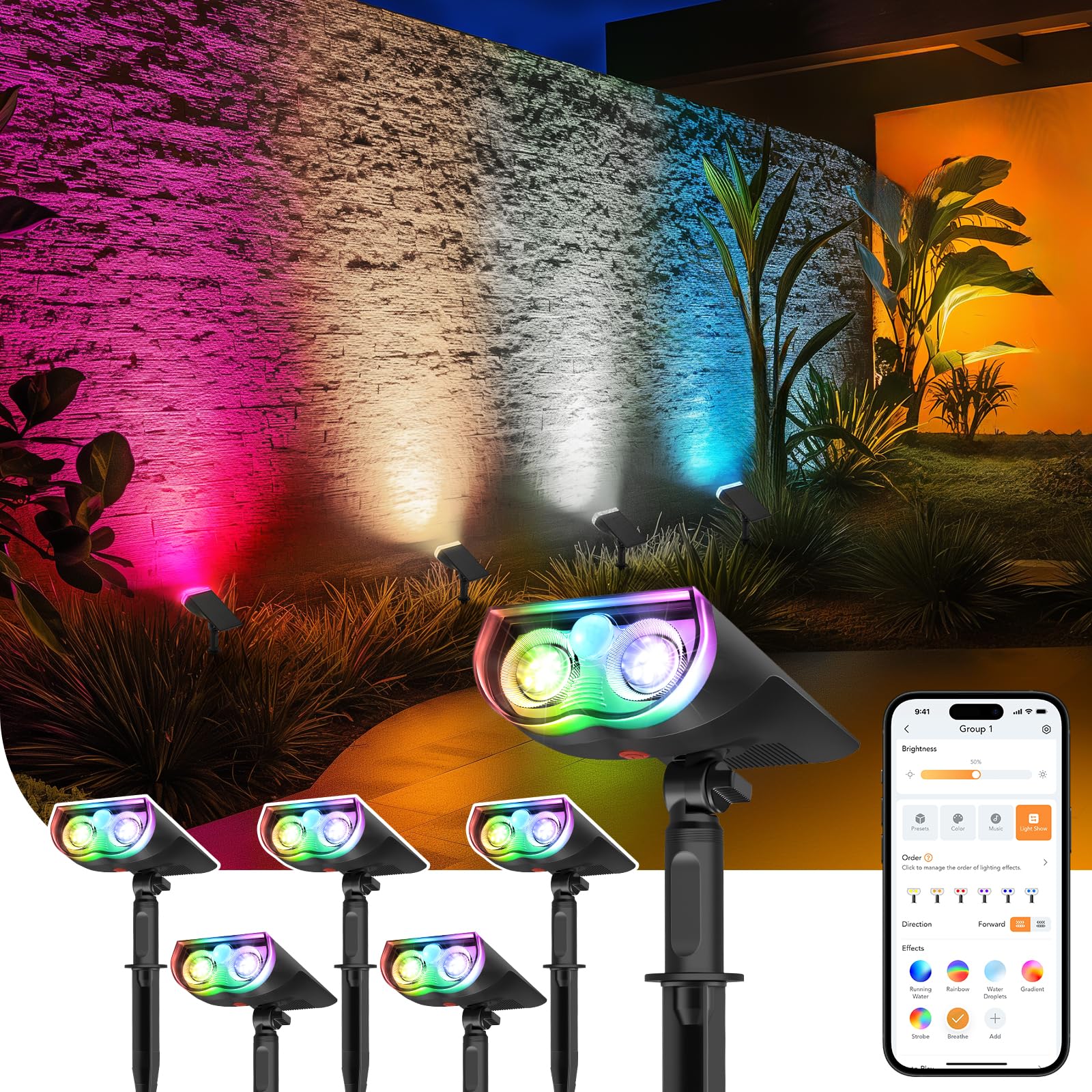 Linkind SL5 six-pack outdoor solar spotlights illuminate pathways with vibrant color options.