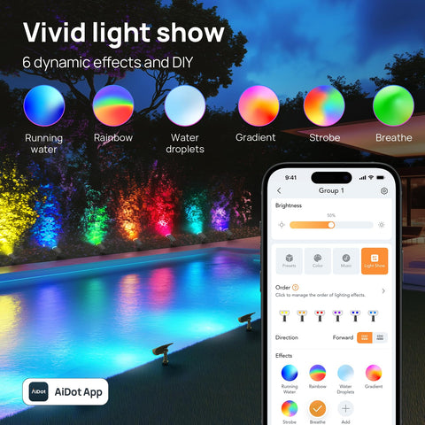 Linkind SL5 color-changing LEDs demonstrate dynamic lighting for outdoor ambiance.