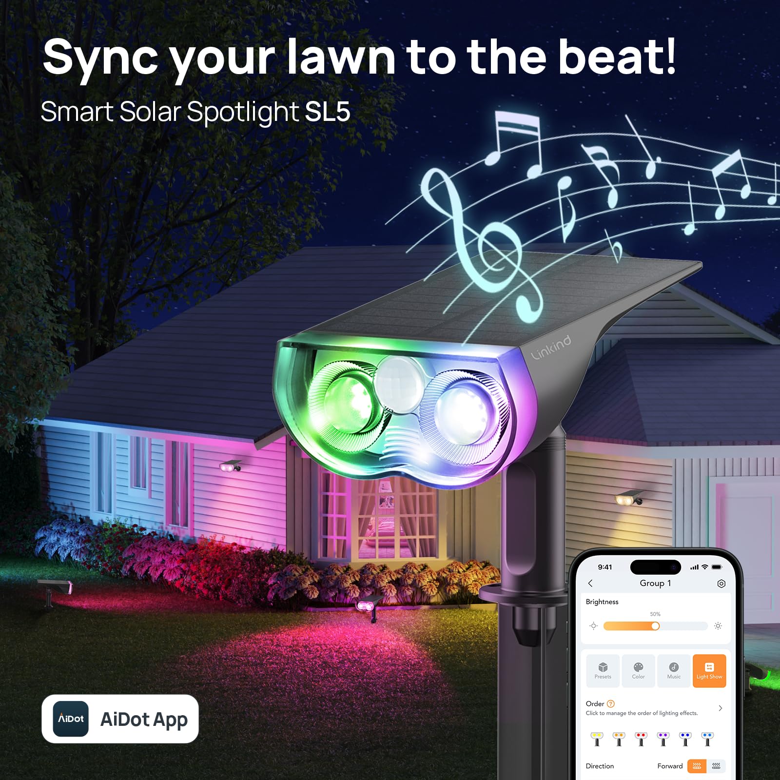 Linkind SL5 group control and music sync enable synchronized landscape lighting.
