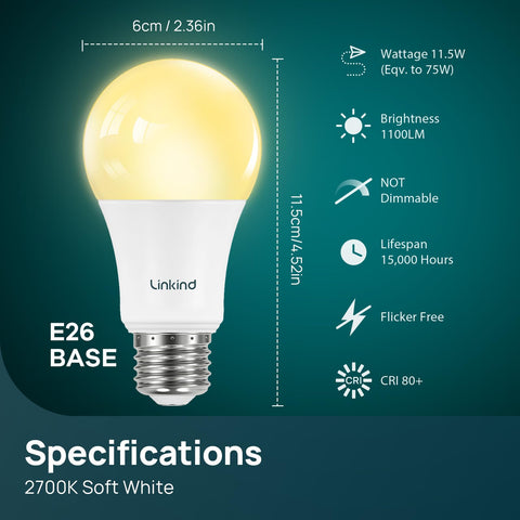 Linkind soft white 2700K A19 bulb delivering 1100 lumens for cozy rooms.