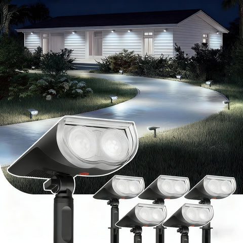 Linkind StarRayS solar spotlight focused on a tree for bright outdoor lighting