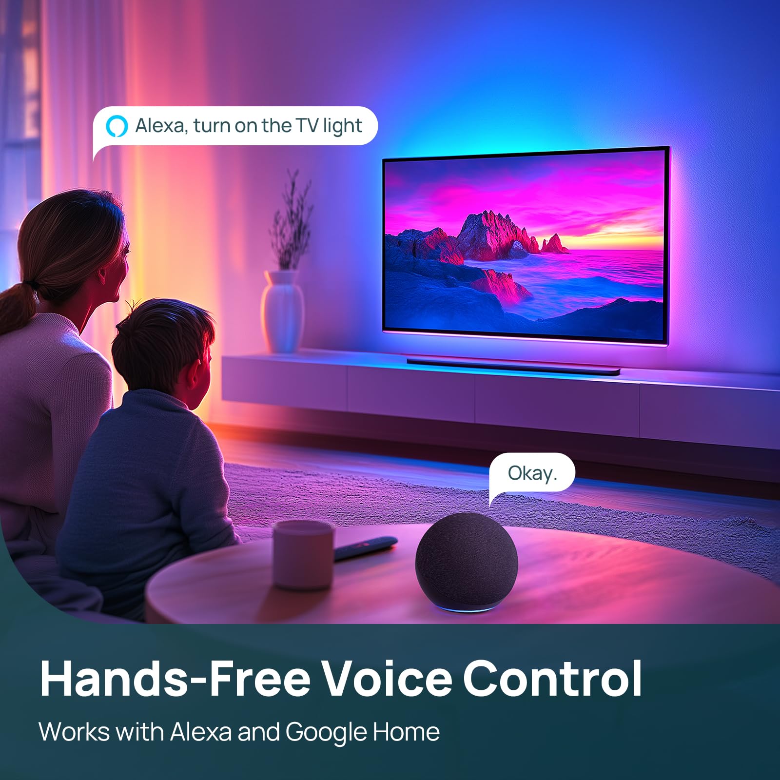 Linkind universal-fit LED strip tailored for 27–90 inch TVs integrates seamlessly.
