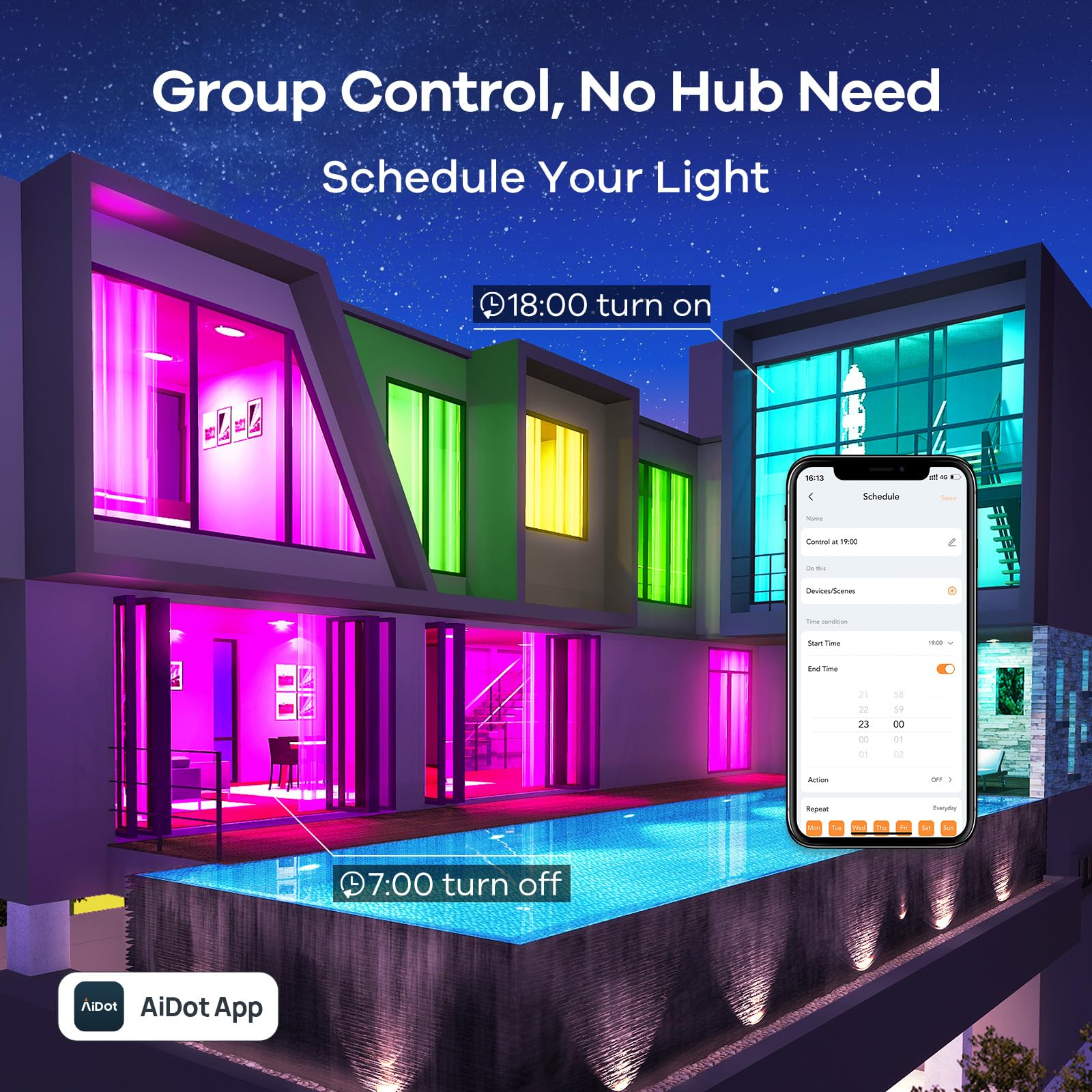 Linkind group control for synchronized lighting across rooms.