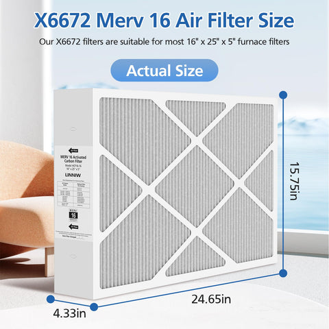 LINNIW X6672 filter dimensions 24.65 x 15.75 x 4.33 inches for fit checks.