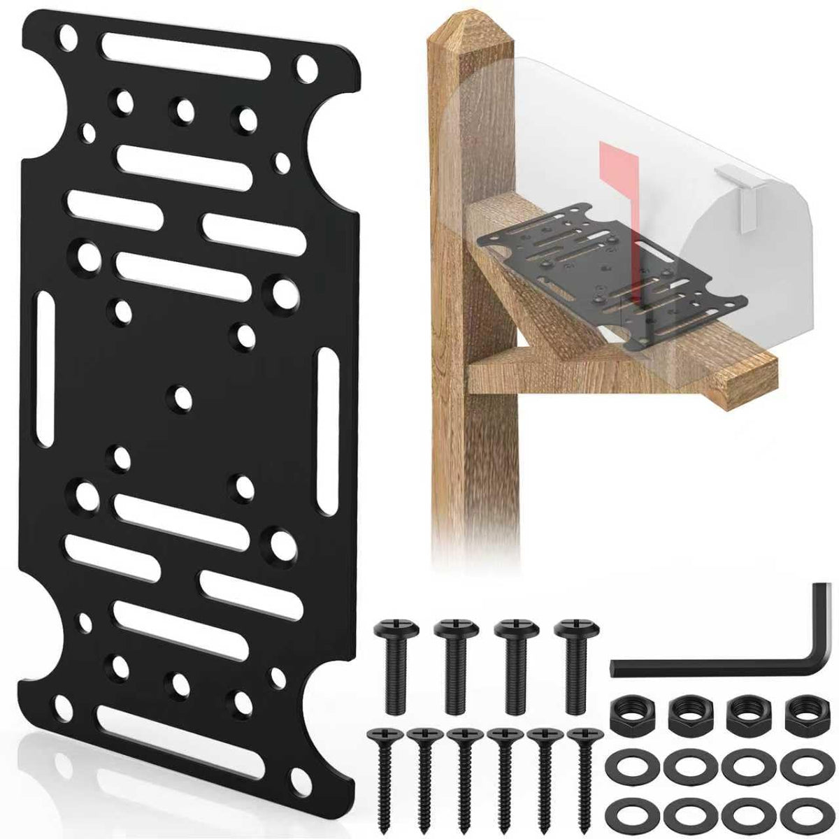 Linone mailbox mounting plate with 10x4 holes for versatile post-mount compatibility.