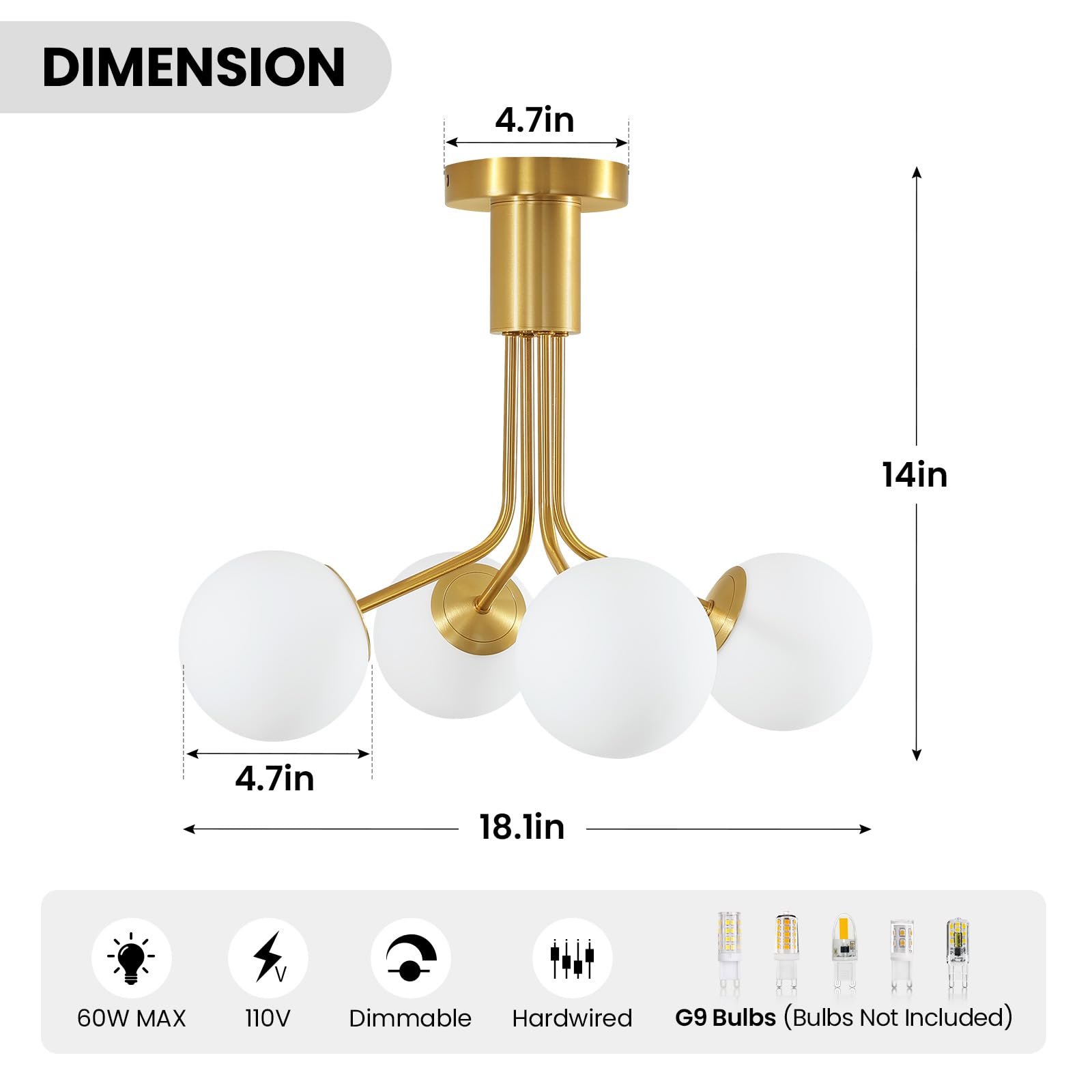 Milky frosted globes cast a soft glow on Linour chandelier
