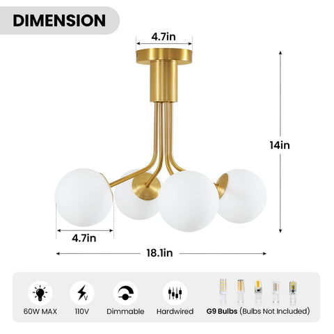 Milky frosted globes cast a soft glow on Linour chandelier