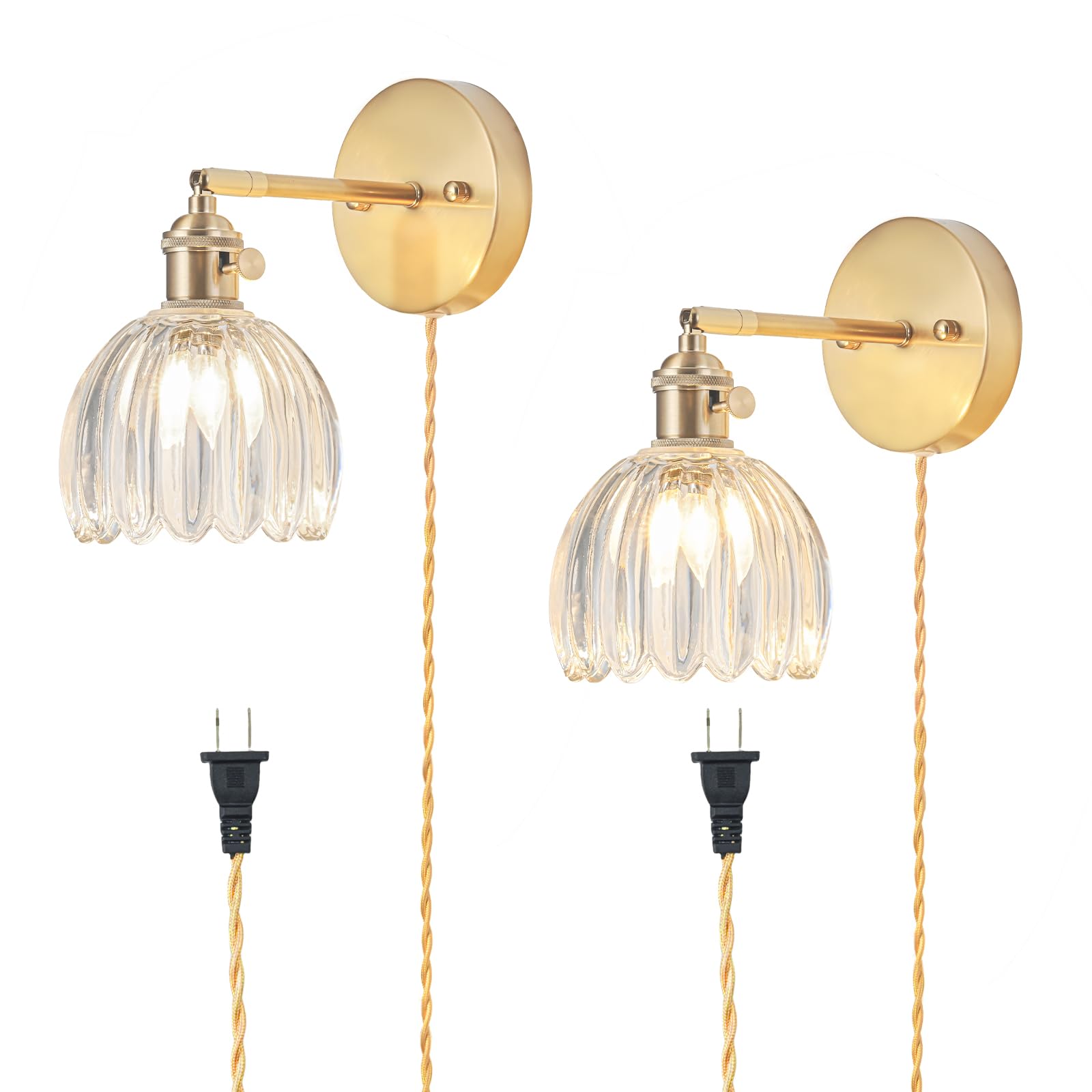 LINSEEDS plug-in sconce with tulip glass shade for warm bedroom ambiance.