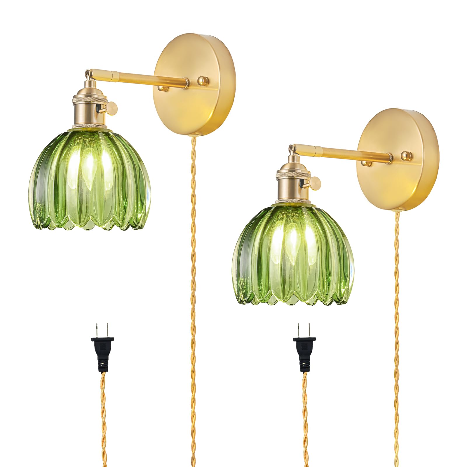 LINSEEDS plug-in sconce with tulip green glass shade adds vintage charm and space-saving lighting