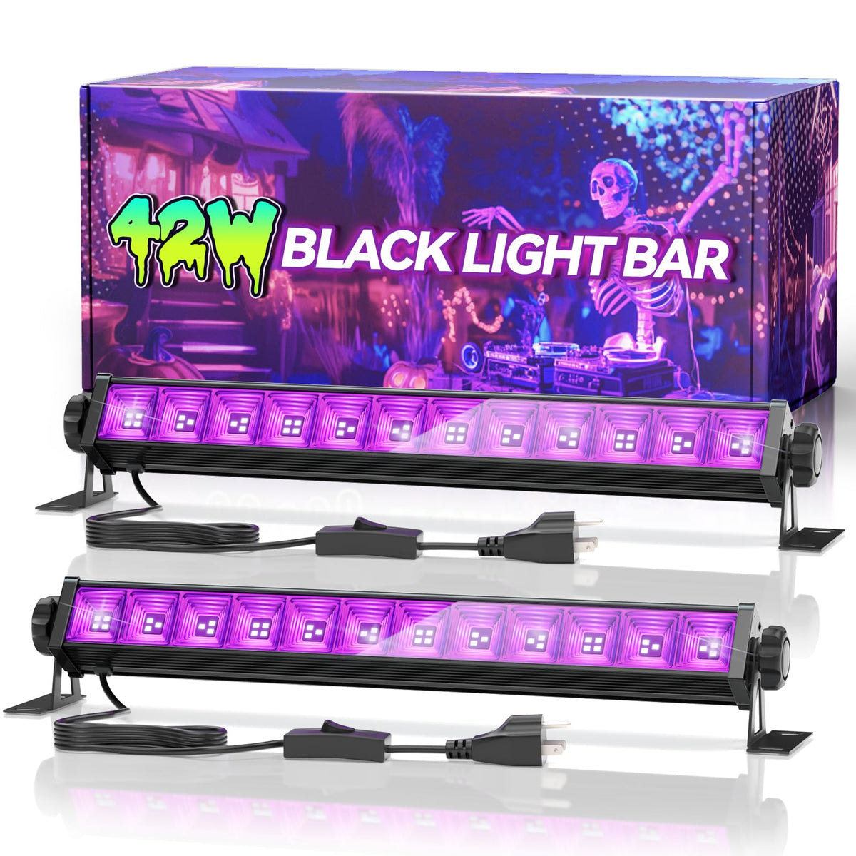 Linstaine 2-pack 42W blacklight bars illuminate posters and decor with6ft cord in back of room