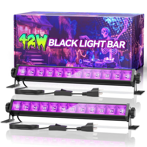 Linstaine 2-pack 42W blacklight bars illuminate posters and decor with6ft cord in back of room